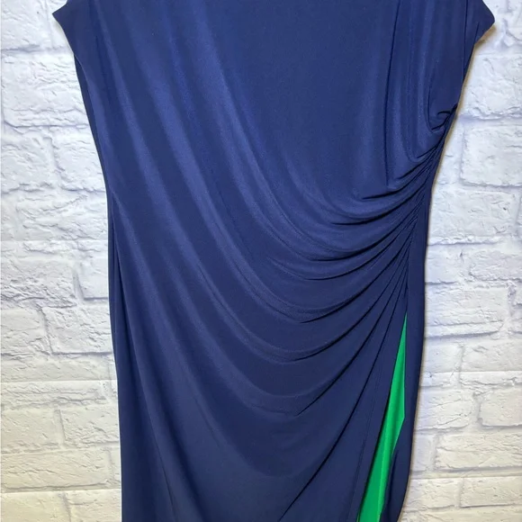 Lauren Ralph Lauren Dress Size 14 Navy Green Midi Ruched Sheath Classic Luxury - Picture 5 of 11